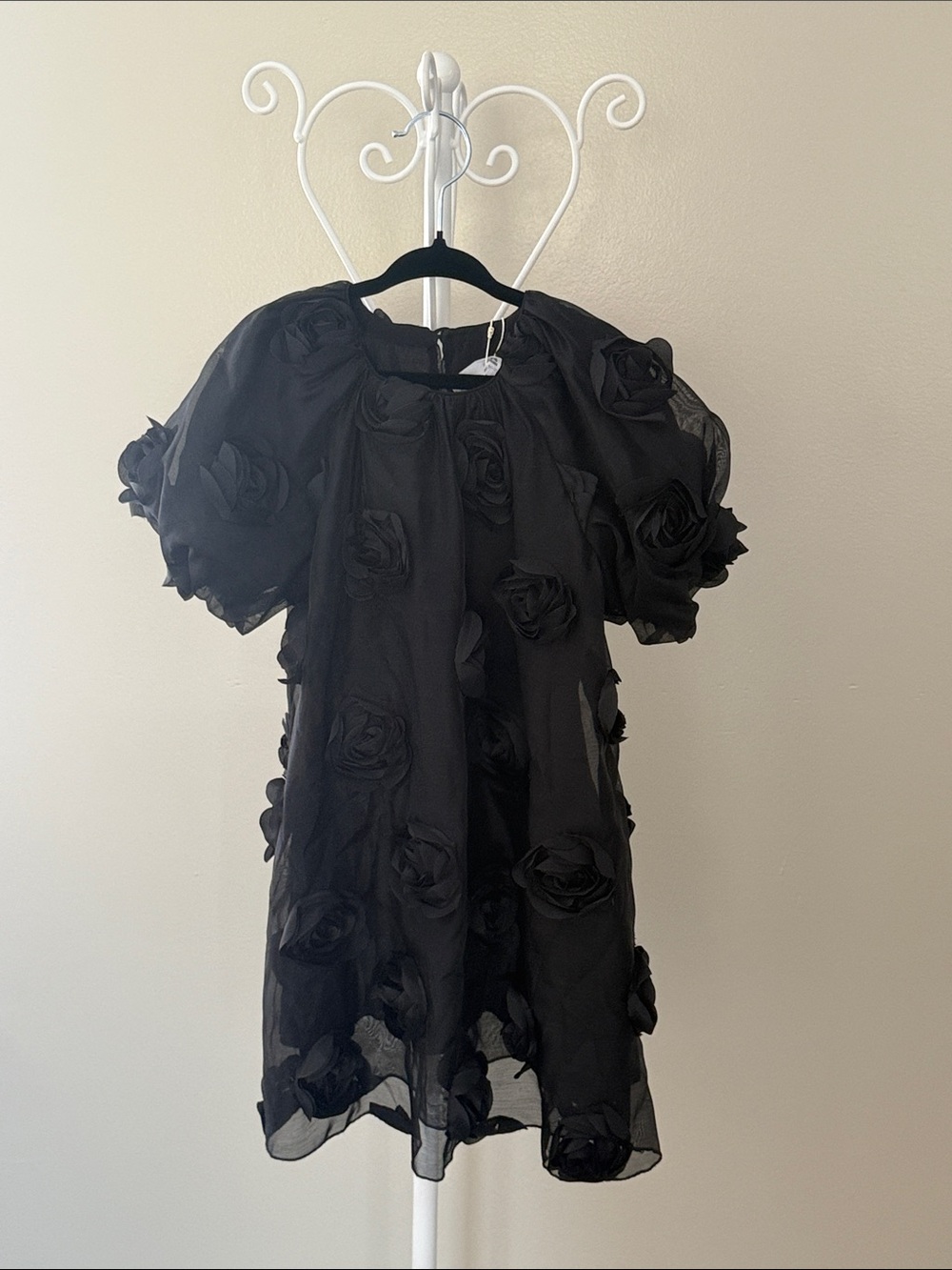 Black Floral Applique Puff-Sleeve Kids Dress